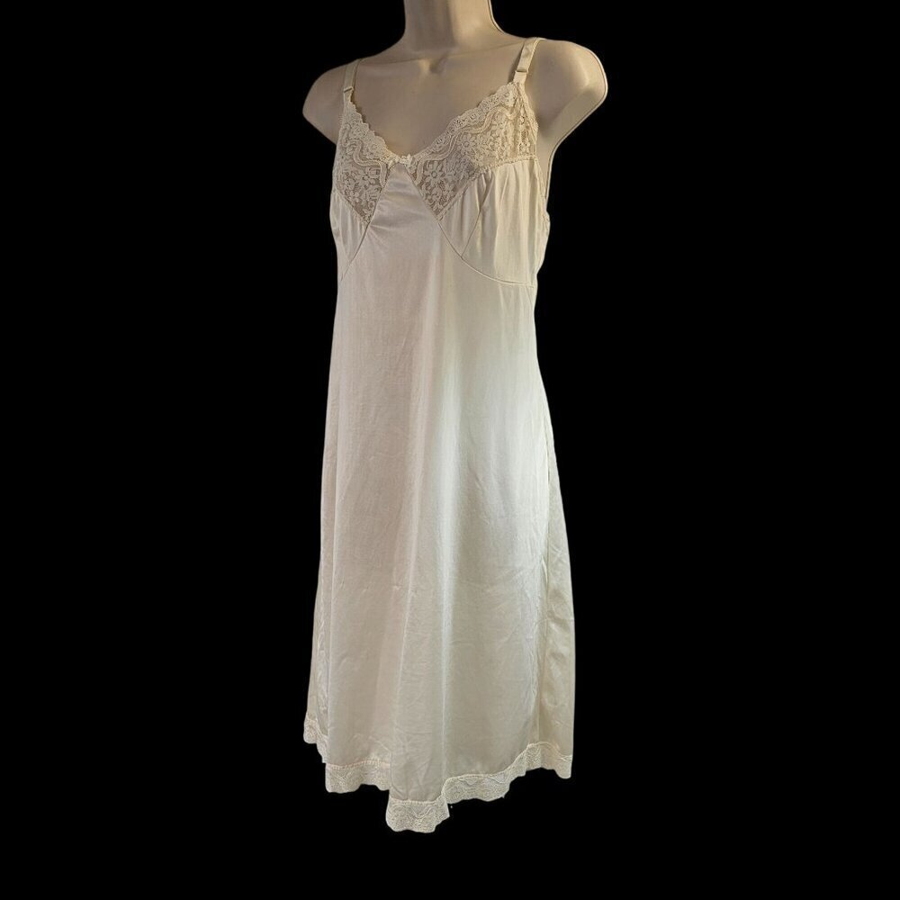 60s Velrose Nylon Full Slip Lacy Nightgown Size 38 Cream Color Adjustable Straps